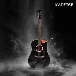 A black Kadence cutaway acoustic guitar standing in low smoke against a dark background
