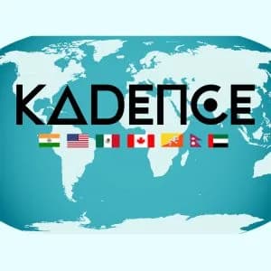 The Kadence wordmark over a world map, with the flags of the countries Kadence ships to beneath it