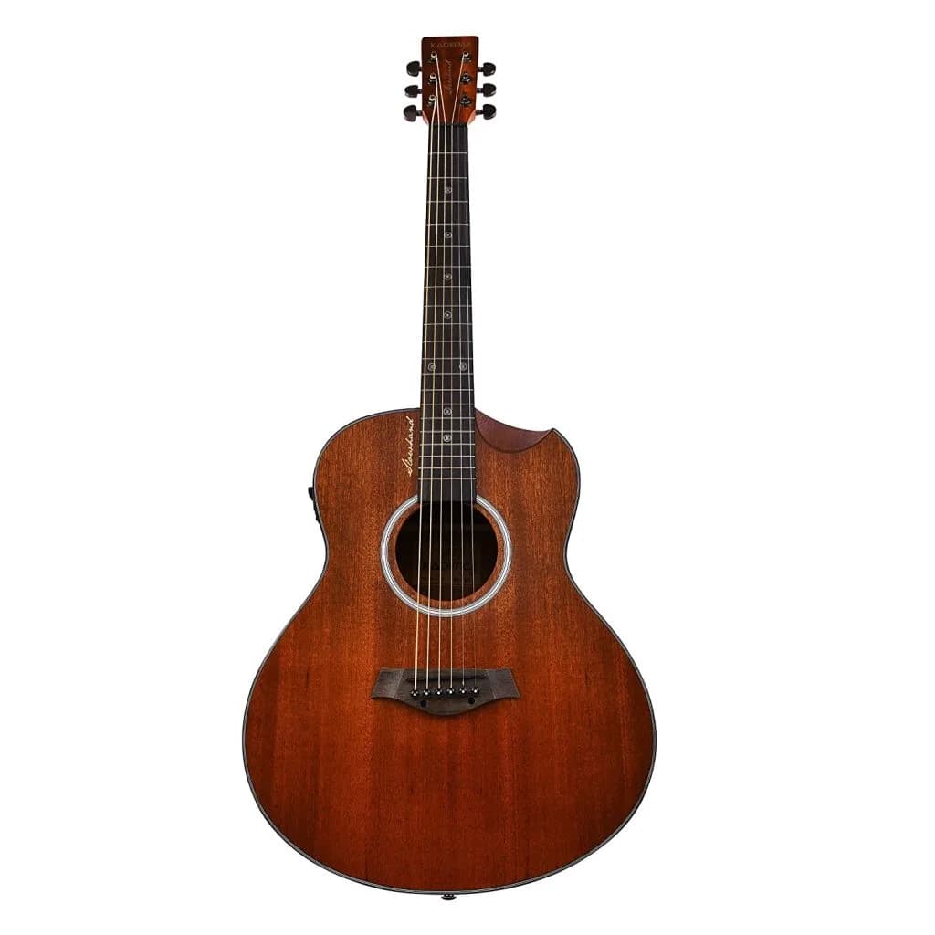 A mahogany Kadence cutaway electro-acoustic guitar seen from the front, with a preamp on the upper side