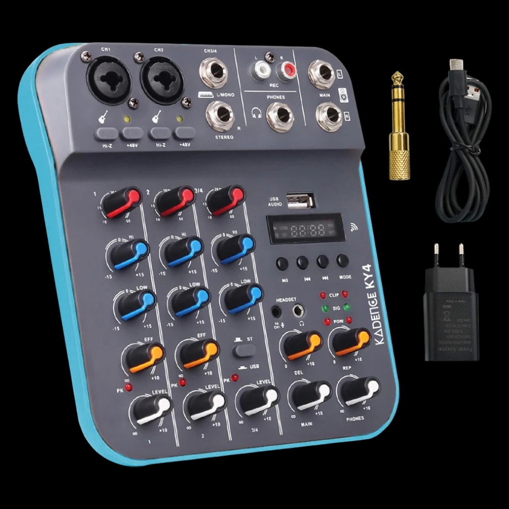 Kadence KY4 Home Series 4-Channel Analog Mixer | 48V Phantom Power with 2-Band EQ, Bluetooth, USB & Built-In FX | For Streaming & Podcasting | Type-C Powered
