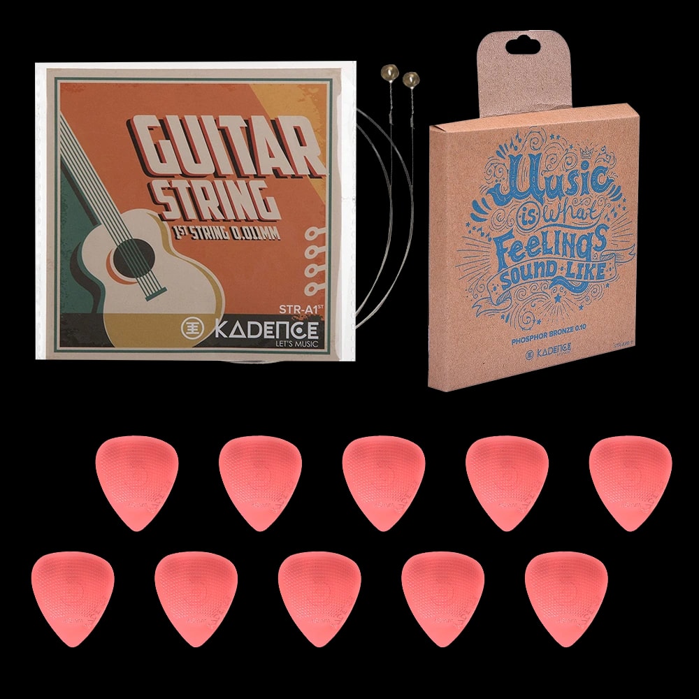 Kadence PHB-E2-HG48R Jamming Series Guitar Phosphor Bronze Strings & Polycarbonate Picks Combo | 1 x Set, 2 x First E Strings & 10 x 0.48mm Hostile Grip Pick