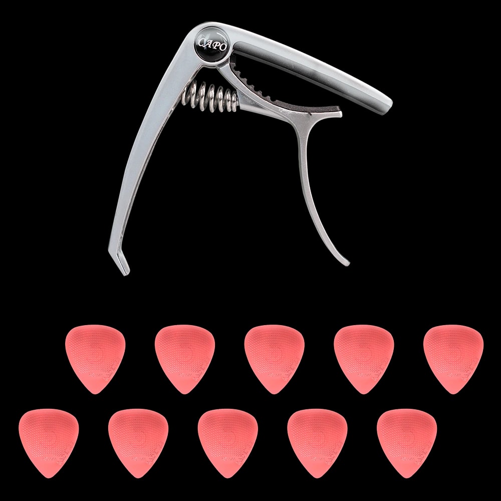 Kadence PR01-HG48R Jamming Series Metal Capo & Picks Combo | 1x Capo with Bridge Pin Remover & 10x 0.48mm Hostile Grip Picks | Anti-Slip Polycarbonate Plectrums