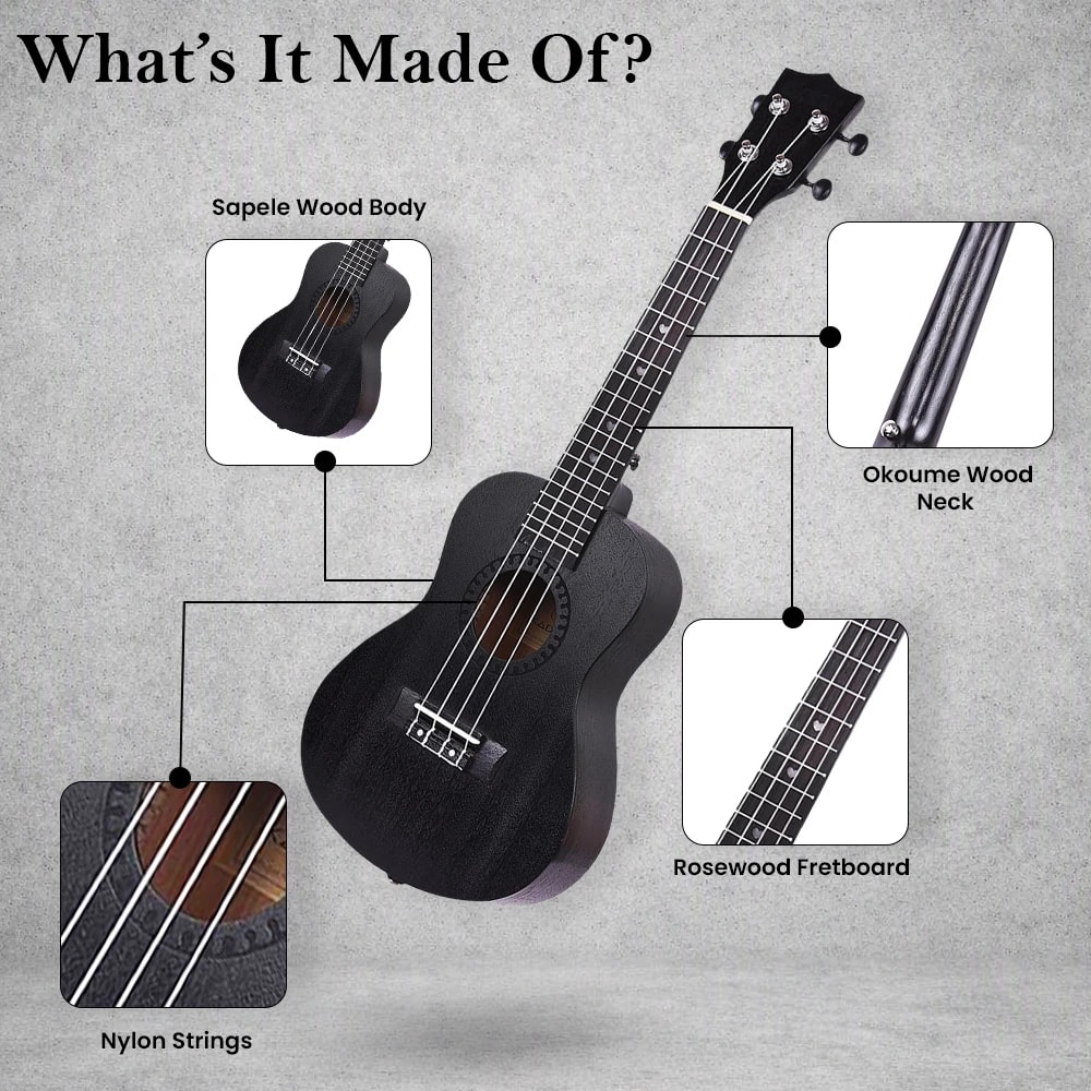 Kadence UKTWBLK Concert 23" Acoustic Ukulele, view 8 of 15