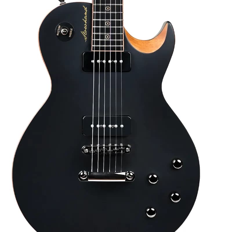 Body of the Kadence ESH04-P90 in matte black with two black P90 pickups, a Tune-O-Matic bridge, four control knobs and a Rhythm and Treble toggle switch