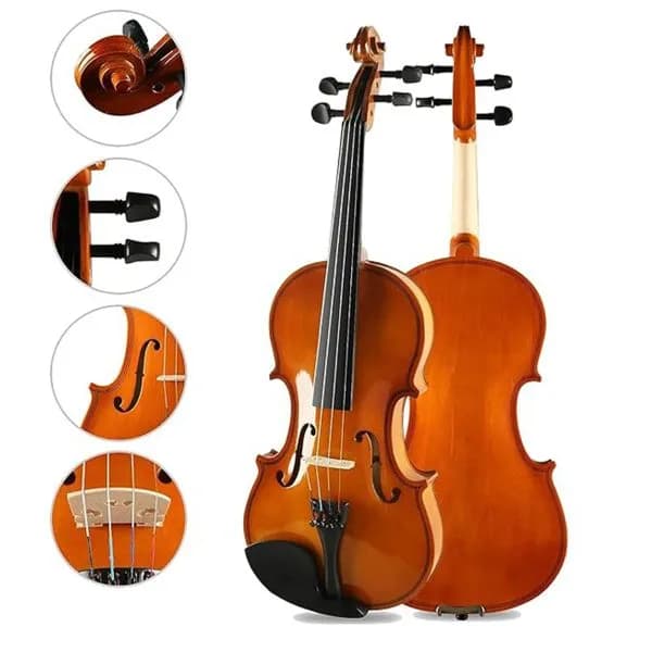 A natural finish violin shown front and back, with close ups of the scroll, the pegs, the f hole and the bridge