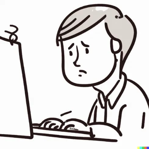 A line drawing of a person frowning at a laptop screen