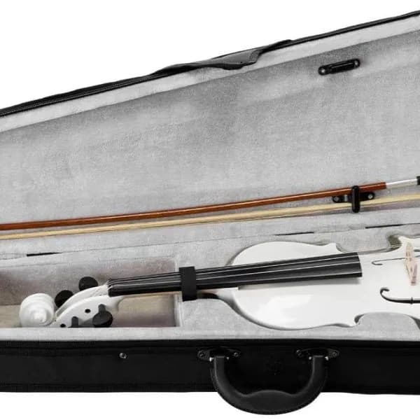 A white violin and its bow fitted into a grey lined hard case