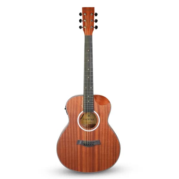 A small bodied mahogany Kadence cutaway acoustic guitar seen from the front