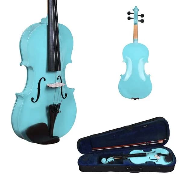 A pale blue violin shown front and back, with its bow and blue lined case