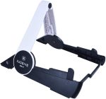 A black and white portable guitar stand