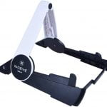 A black and white portable guitar stand