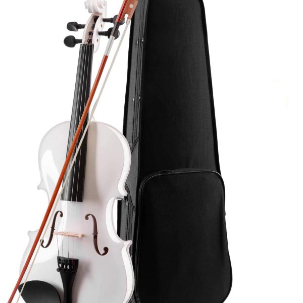 A 4/4 Spruce Wood White Violin with a horsehair bow and a case