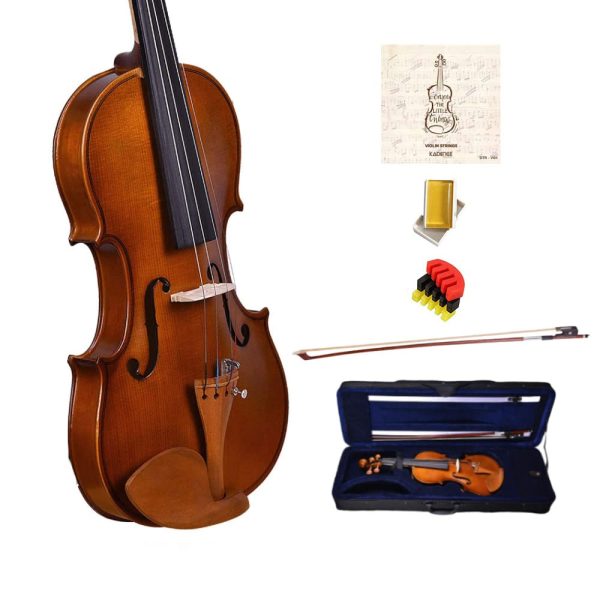 A 4/4 Wooden brown Violin with a horsehair bow, a case and other accessories