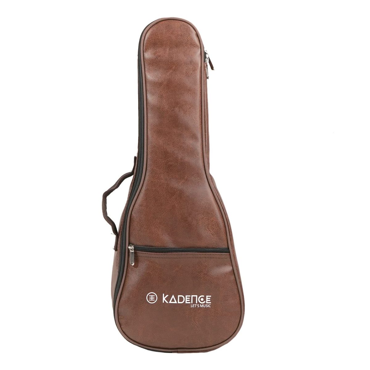 A concert size brown ukulele bag with Kadence branding