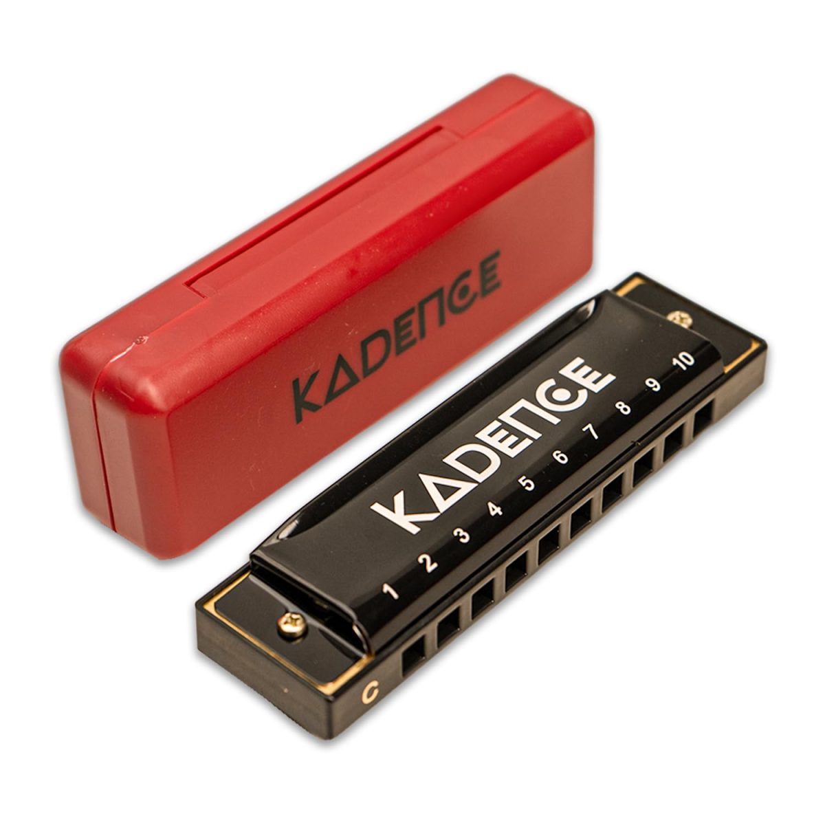 A black harmonica with a red hard case with kadence branding A black coloured mouth organ harmonica with a red case