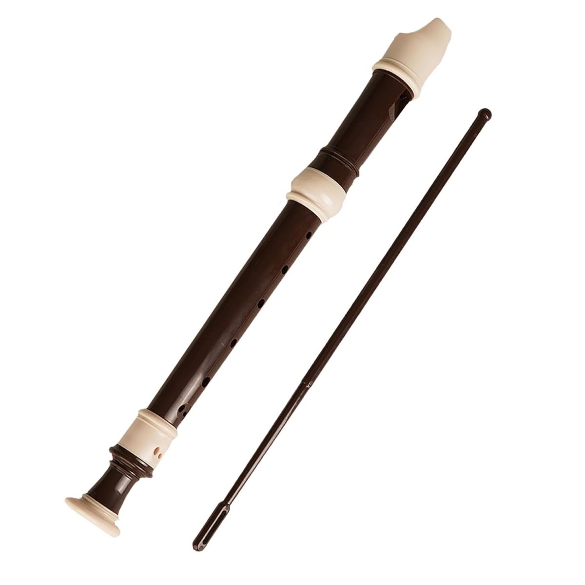 Brown and off white 8 hole recorder with leather travel case A brown and cream coloured Professional 8- Hole Soprano Recorder with Travel Case