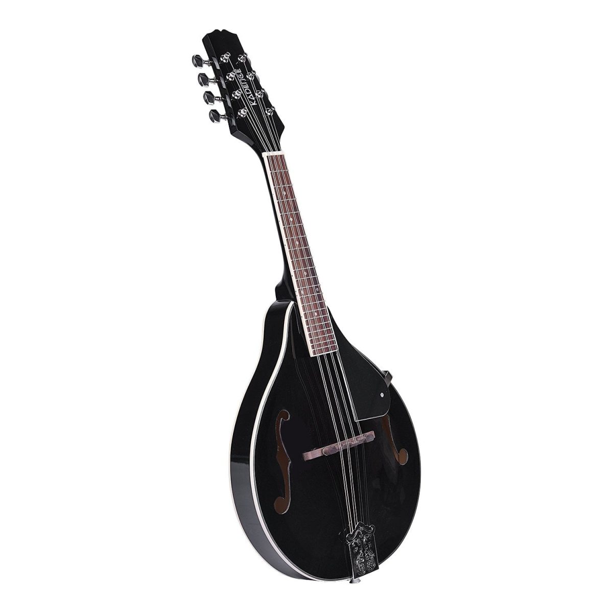 8 string black mandolin front right side view