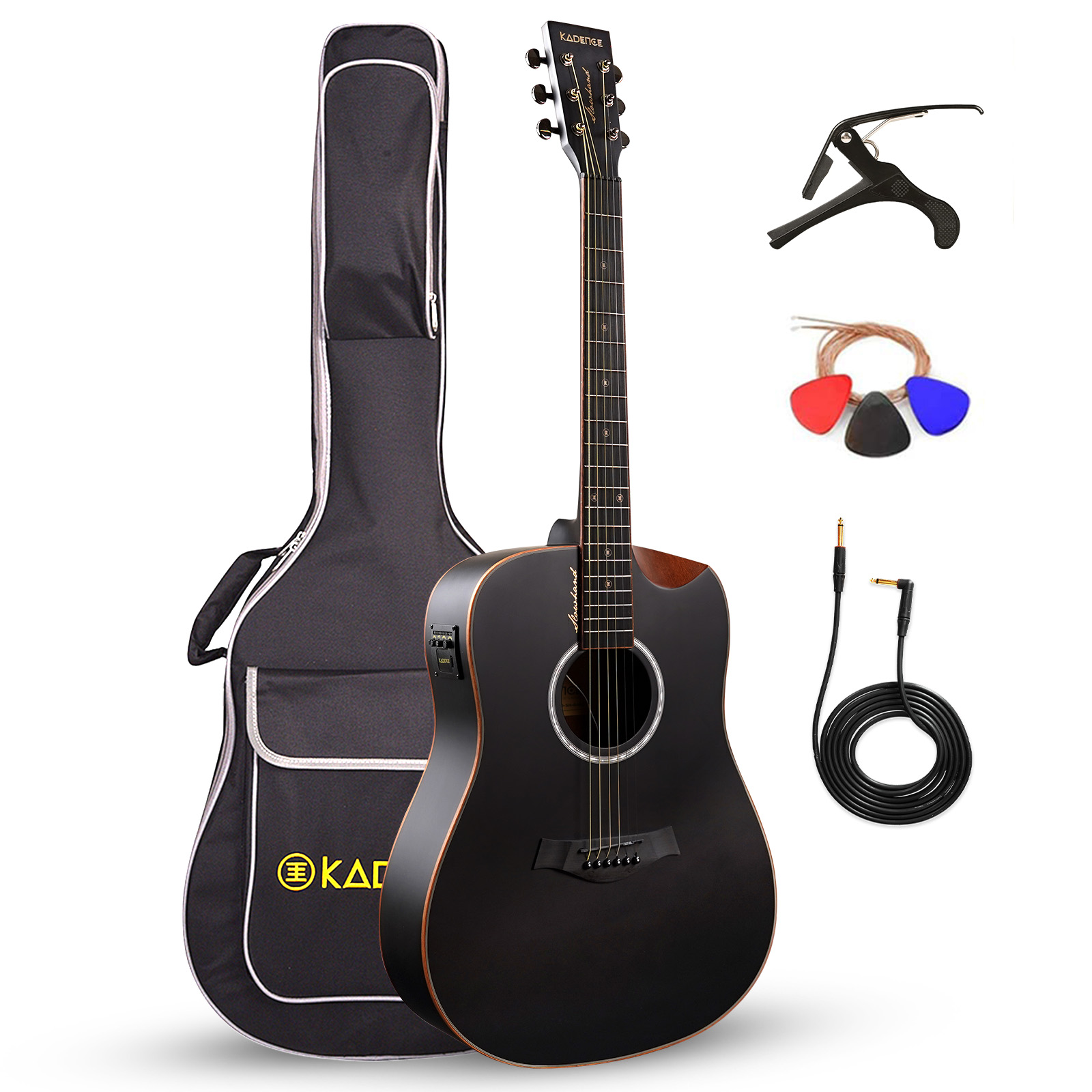 1 (2) Kadence Slowhand Jumbo Semi Acoustic Guitar(Sh04) – Premium Black Spruce Wood with Heavy Padded Bag, Guitar Cable , Fibre Capo, Set Of Strings , Picks with Learning Course - Image 1