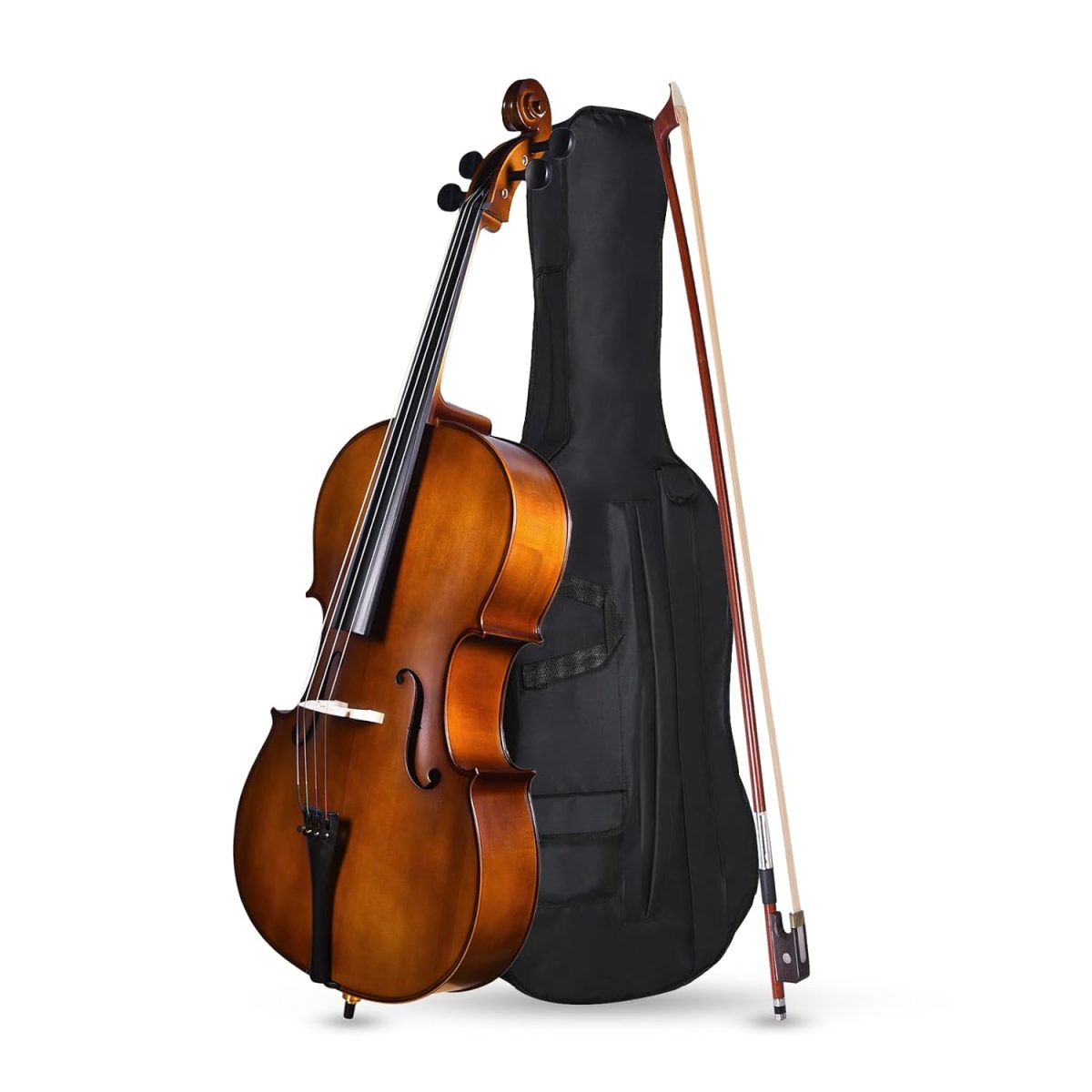 A full-size wooden acoustic cello with portable bag, bow, bridge and rosin A full-size wooden acoustic cello with portable bag, bow, bridge and rosin