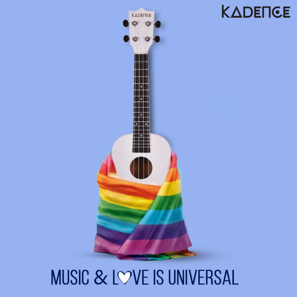 A White Kadence Ukulele Wrapped in Rainbow Pride (LGBTQ+) Flag