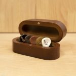 Set of 5 premium Guitar picks in different colors inside a wooden box