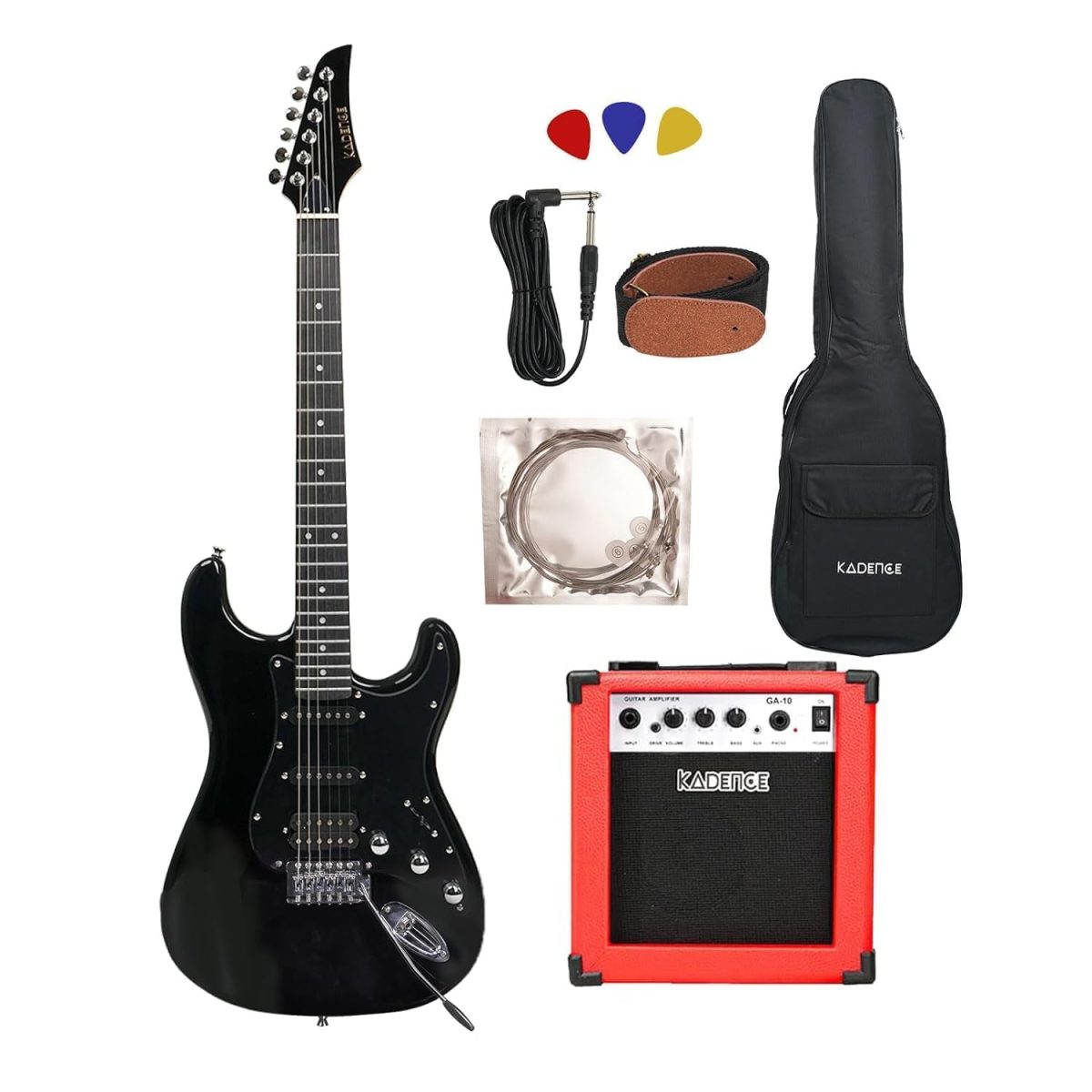 A Black Electric Guitar Combo with Picks, Cable, Strap, Bag, Strings and Amplifier A Black Electric Guitar Combo with Picks, Cable, Strap, Bag, Strings and Amplifier