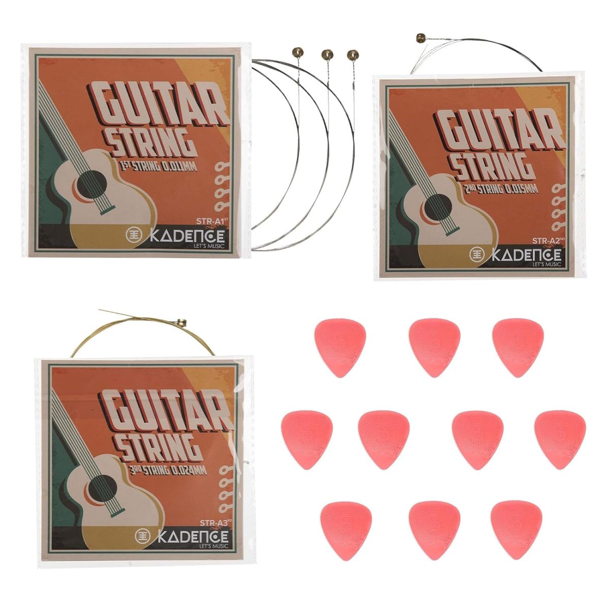 Kadence Guitar Strings and 10 picks Combo - First E string X 3nos, Second BStringX 1nos, Thrid G String X 1nos and 10 Anti slip 0.48mm Plectrums with hostile grip Brand: Kadence - Image 2