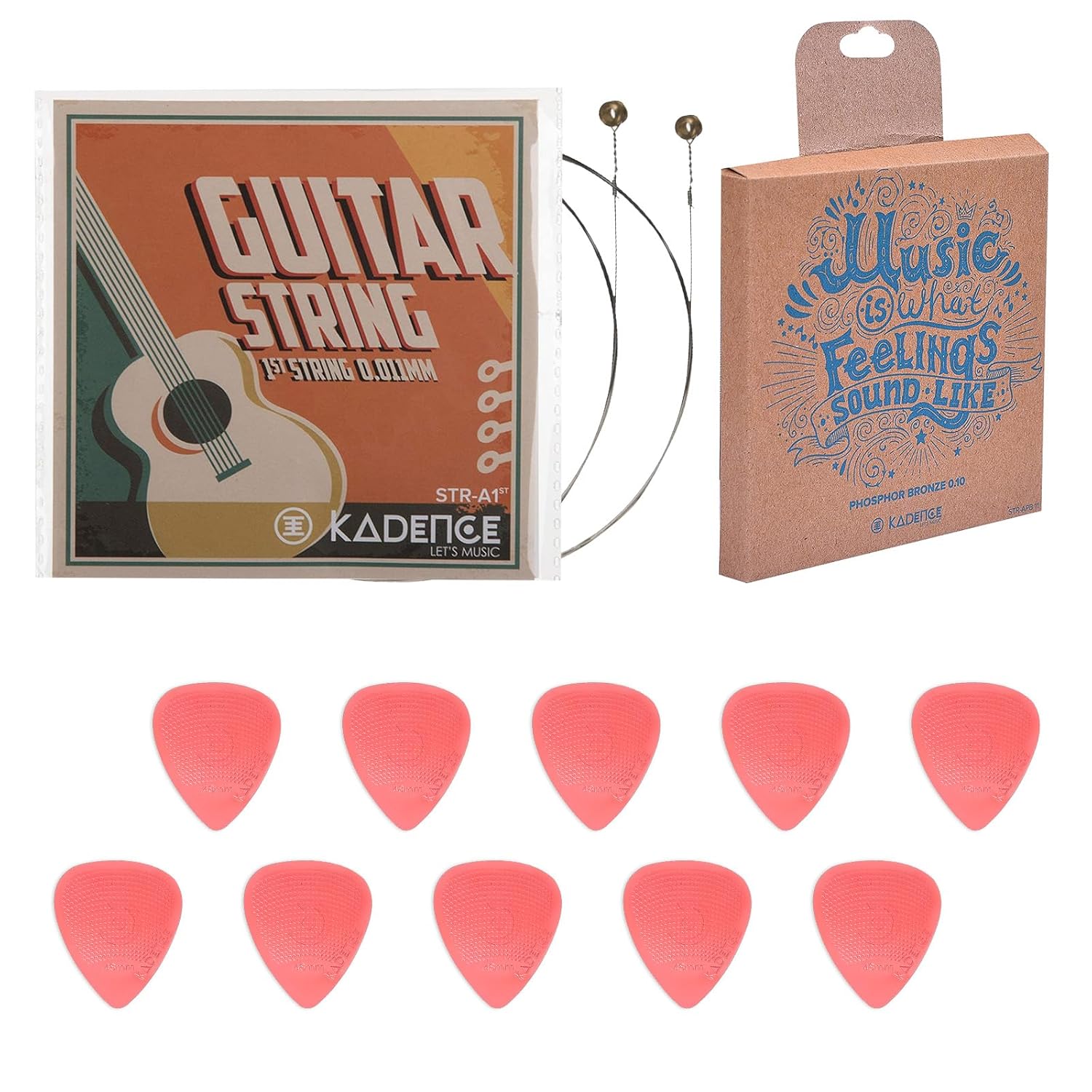 71GdCNqXSFL._SL1500_ Kadence Phosphor Bronze Guitar Strings and 10 Picks Combo - String Set X 1nos, First E StringX 2 nos and 10 Anti slip 0.48mm Plectrums with hostile grip - Image 1