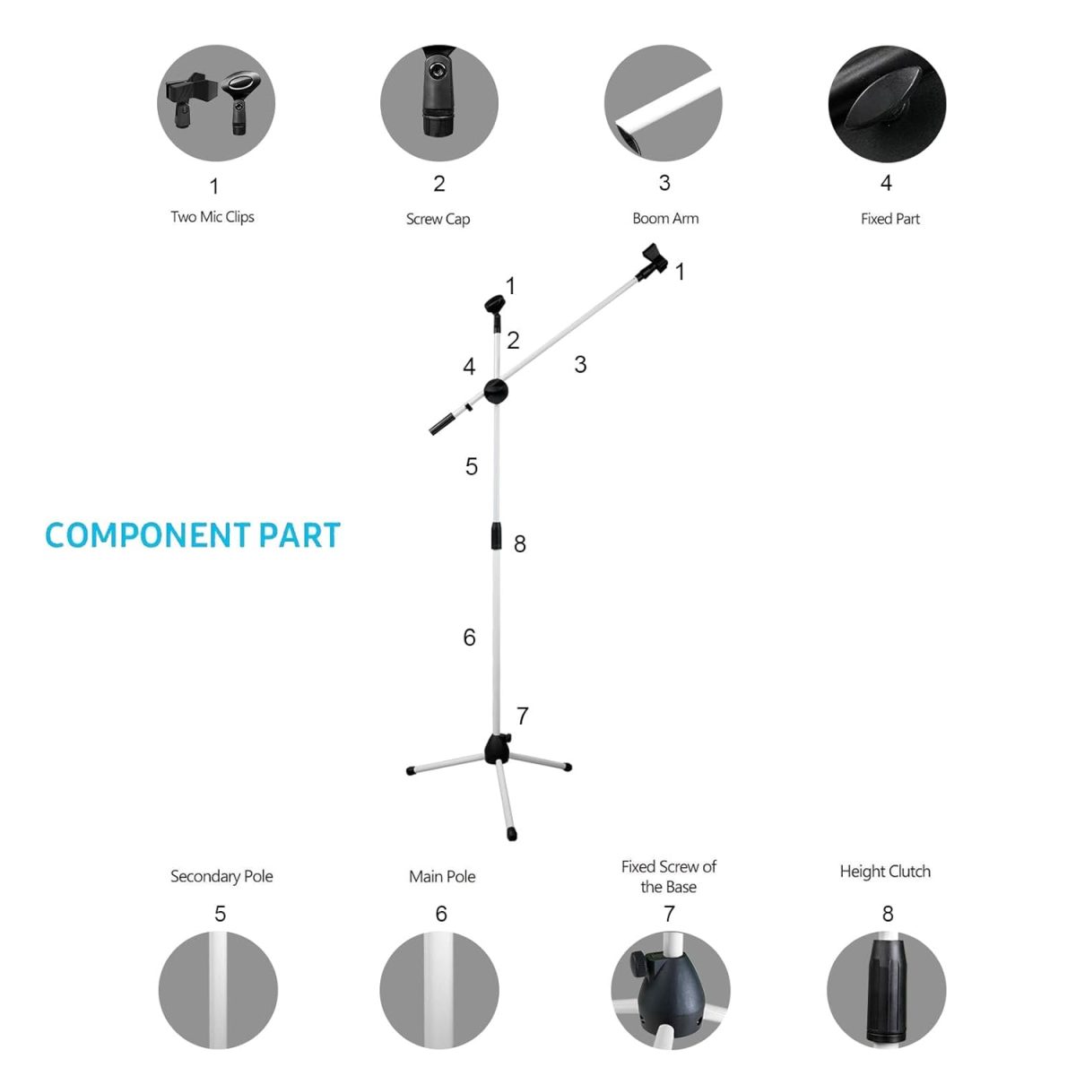 Kadence WHITE Mic Stand Heavy Duty Adjustable Dual Microphone Stand, Studio Microphone Stand (M30 White) - Image 2