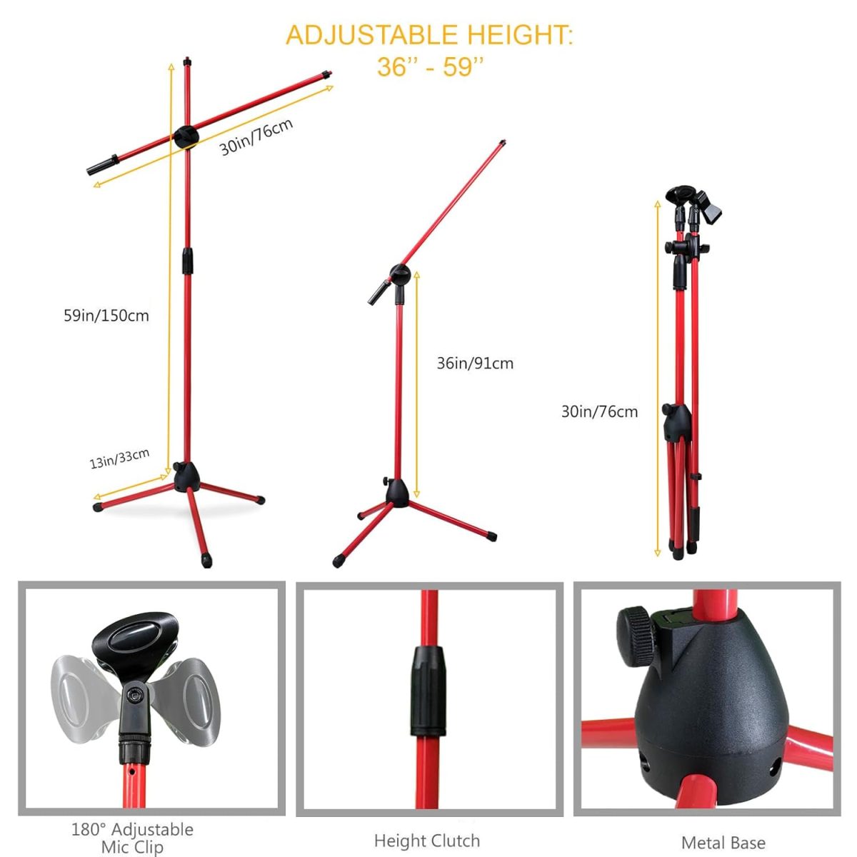 Kadence RED Mic Stand Heavy Duty Adjustable Dual Microphone Stand, Studio Microphone Stand (M30 RED) - Image 4
