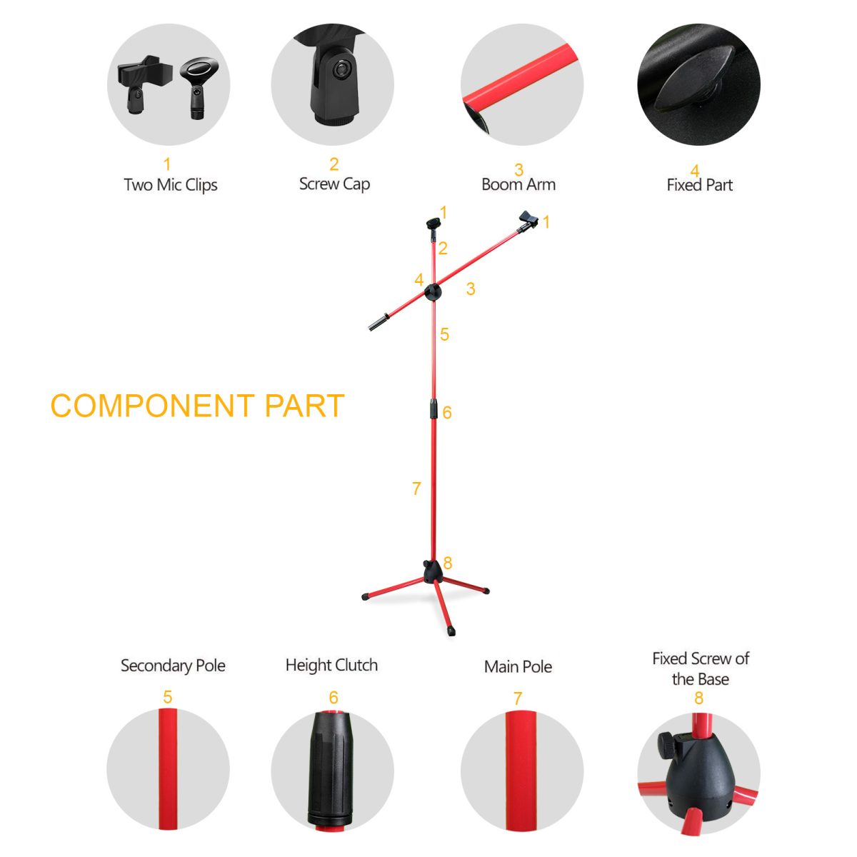 Kadence RED Mic Stand Heavy Duty Adjustable Dual Microphone Stand, Studio Microphone Stand (M30 RED) - Image 2