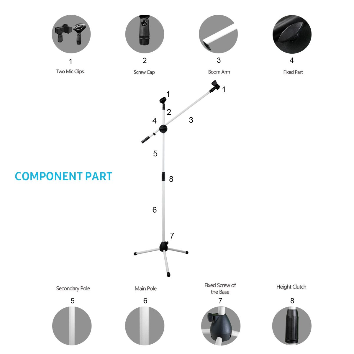 Kadence WHITE Mic Stand Heavy Duty Adjustable Dual Microphone Stand, Studio Microphone Stand (M30 White) - Image 5