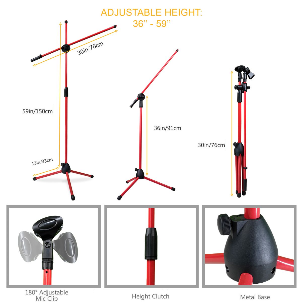 Kadence RED Mic Stand Heavy Duty Adjustable Dual Microphone Stand, Studio Microphone Stand (M30 RED) - Image 5