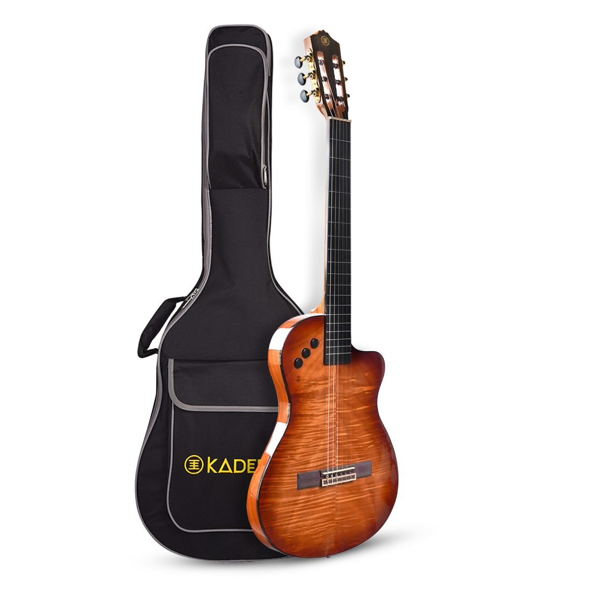 Artboard 1 (2) Kadence 39" Silent Electric Classical Guitar – Thin Body Nylon String Guitar with Quilted Okoume Top, EQ, Gloss Finish & Padded Bag - Image 1
