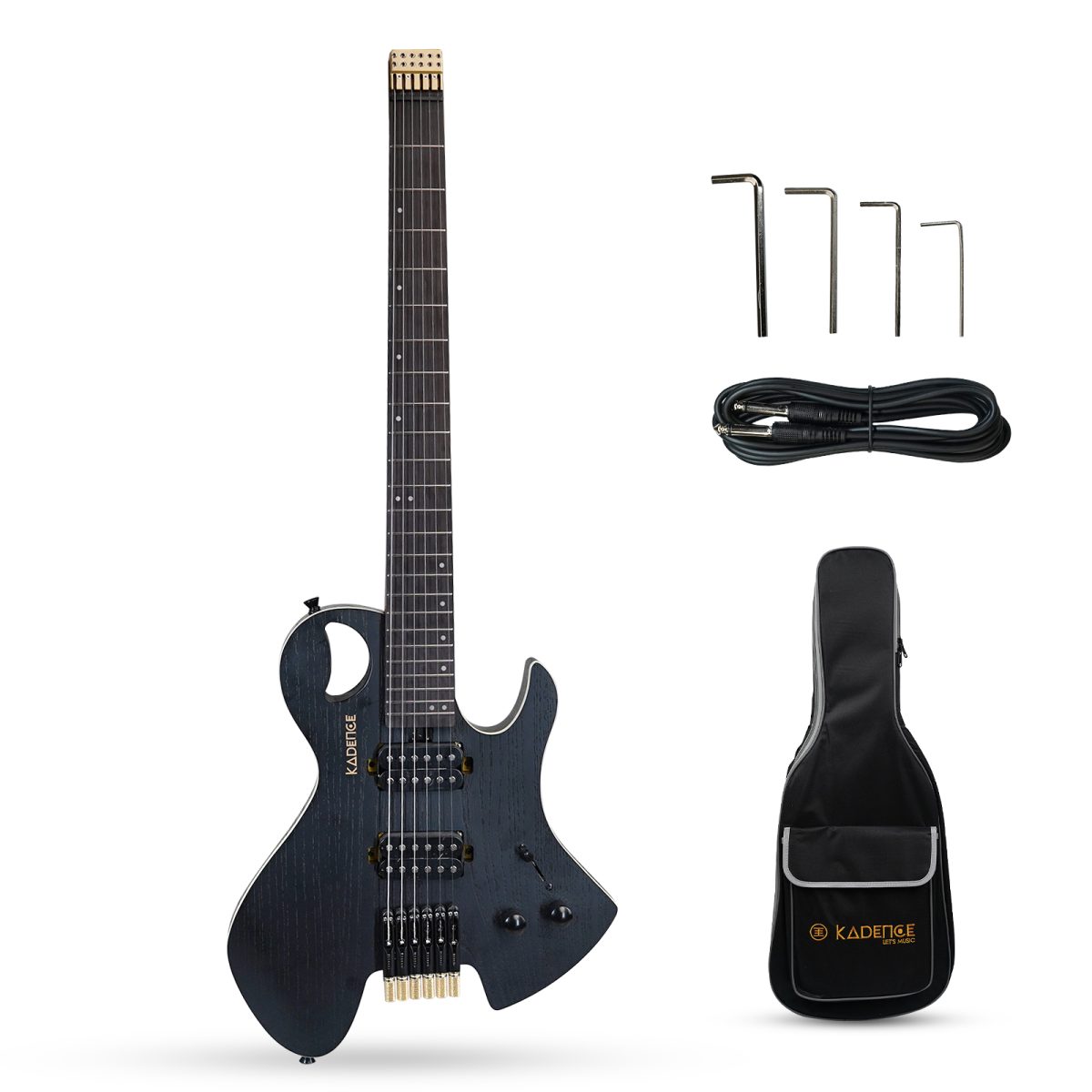 Kadence Headless Electric Black Guitar with Bag and Cable. (H-H Pickup) - Image 1