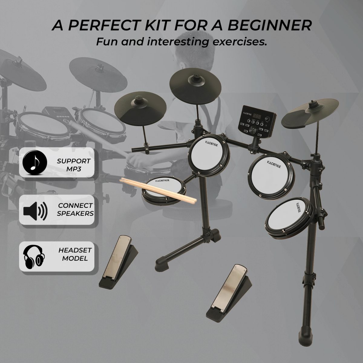 Kadence 7-Piece Electronic Drum Set – Beginner Electric Kit with Mesh Pads, Headphones, Sticks, Pedals, Bluetooth & LED Display (MD200A) - Image 3