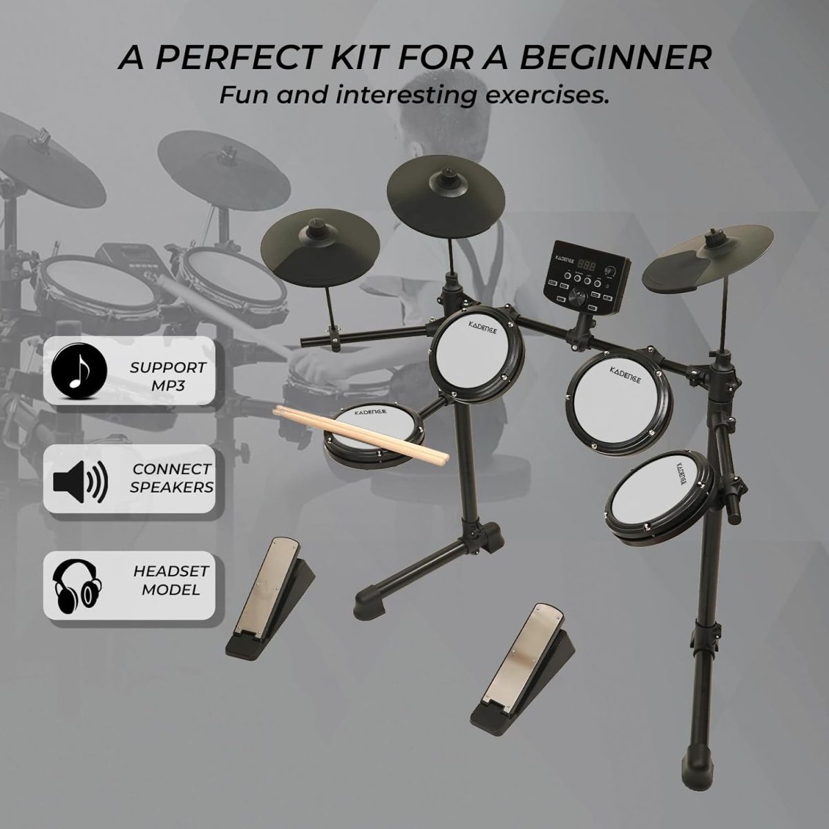 Kadence 7-Piece Electronic Drum Set – Beginner Electric Kit with Mesh Pads, Headphones, Sticks, Pedals, Bluetooth & LED Display (MD200A) - Image 6