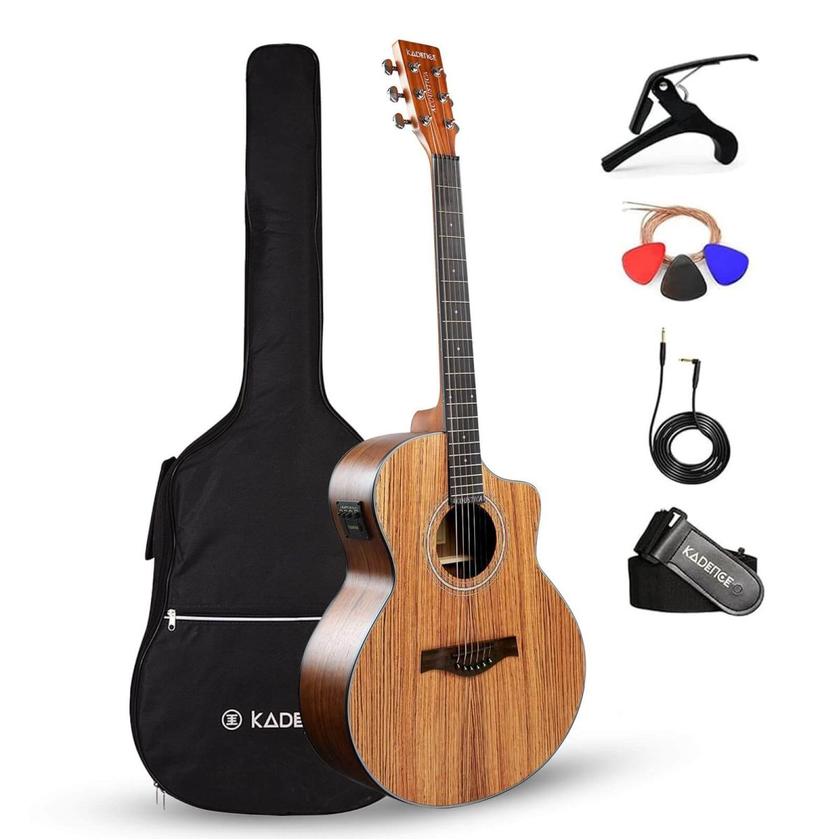 71rAjt7QvFL Kadence Electric Acoustic Guitar A05EQN (Zebra Wood) - Semi Acoustic Guitar, Inbuilt Tuner, Capo, Strings, Picks, Strap, Cable and Padded bag - Electro Guitars for Beginners & Professionals - Image 1