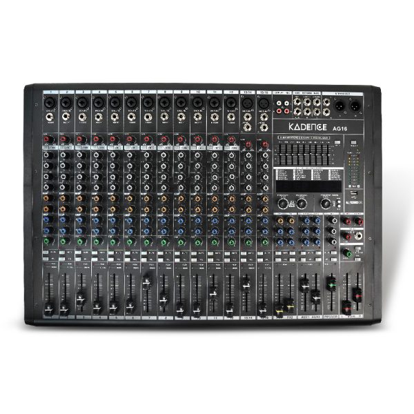 Kadence AG16 16-Channel USB Audio Mixer with 12 XLR Inputs, Dual DSP Effects, Bluetooth, USB Playback & 24-Bit/96kHz Sampling – Ideal for Studio, Live, and Broadcast Use