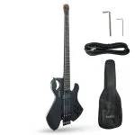 Kadence Headless Premium Electric Bass Guitar – 4-String, Designer Cutout Body in Matt Black, Ash Wood, Maple Neck, Rosewood Fingerboard, Alnico Pickups – Includes Gig Bag, Cable and Allen key
