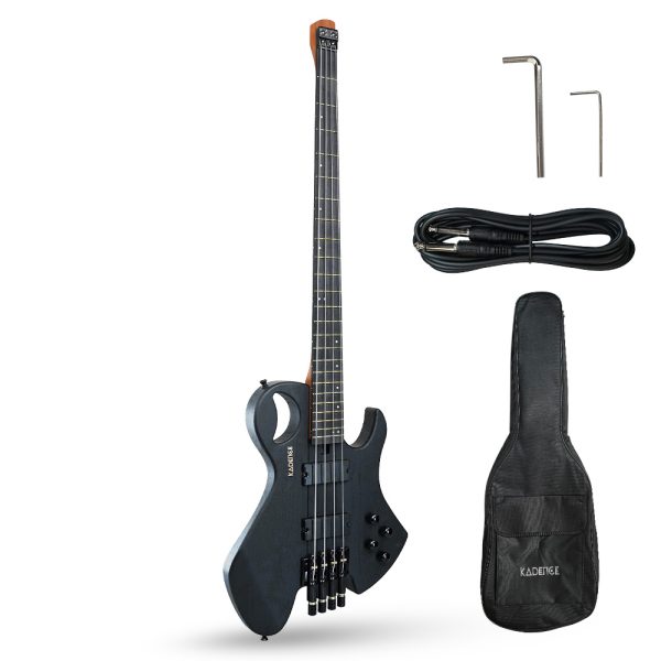 Kadence Headless Premium Electric Bass Guitar – 4-String, Designer Cutout Body in Matt Black, Ash Wood, Maple Neck, Rosewood Fingerboard, Alnico Pickups – Includes Gig Bag, Cable and Allen key