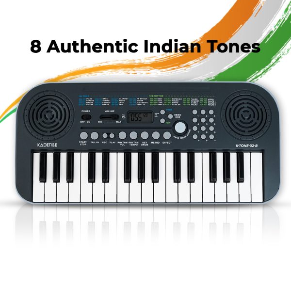 Kadence K-Tone 32 Mini Keys Blue Keyboard – 128 Tones (15 Real Voices & 8 Indian Instruments), 128 Rhythms, 30 Demo Songs, Dual Stereo Speakers, USB-C Cable – Kids Keyboard