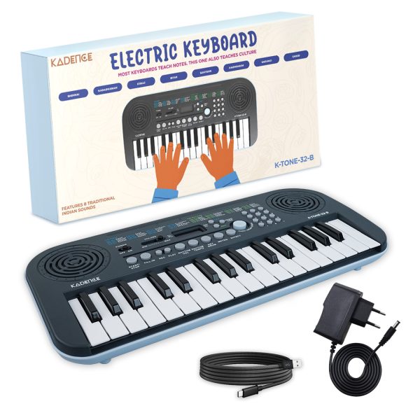 Kadence K-Tone Mini Blue Keyboard – 32 Mini Accordion Keys, 128 Tones including 15 Realistic Voices & 8 Indian Instruments, 128 Rhythms, 30 Demo Songs, Dual Stereo Speakers – Kids Beginner Keyboard with power adapter
