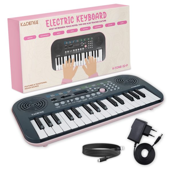 Kadence K-Tone Mini Pink Keyboard – 32 Mini Accordion Keys, 128 Tones including 15 Realistic Voices & 8 Indian Instruments, 128 Rhythms, 30 Demo Songs, Dual Stereo Speakers – Kids Beginner Keyboard with power adapter