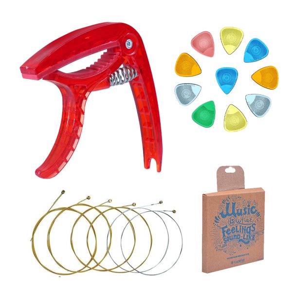 Kadence Guitar Strings and Transparent Red guitar capo with 10 Hostile Guitar picks (Transparent Red)