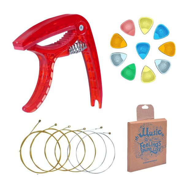 Medellin Guitar Strings and Transparent Red Guitar Capo With 10 Hostile Guitar Picks