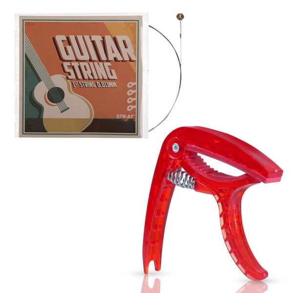 Medellin Acoustic & Electric Guitar 1st E String Combo with Red Transparent Capo with pin remover | Durable Steel Replacement String for Beginners & Learners
