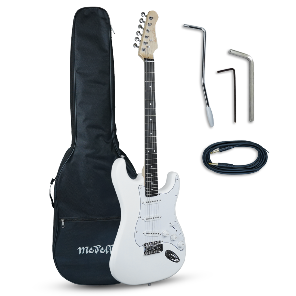 Medellin 38” Electric Guitar – Strat Style | H-S-S Pickup Configuration | 21 Frets | White Matte Finish | Maple Neck with Rosewood Fingerboard | Chrome Hardware | Includes Gig Bag, Tremolo Arm, Cable & Allen Key