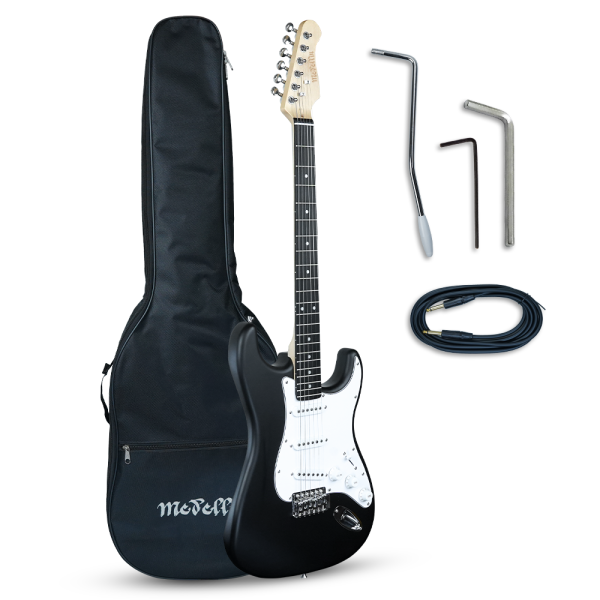Medellin 38” Electric Guitar – Strat Style | H-S-S Pickup Configuration | 21 Frets | Black Matte Finish | Maple Neck with Rosewood Fingerboard | Chrome Hardware | Includes Gig Bag, Tremolo Arm, Cable & Allen Key