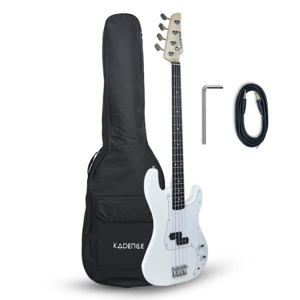 Kadence (PBWH) Tennessee 46.5” Electric Bass Guitar (P-Style) | Solid Poplar Wood Body, Maple Neck | Split-Coil Pickup | Fixed Bridge | Gig Bag + Cable  | Matte White